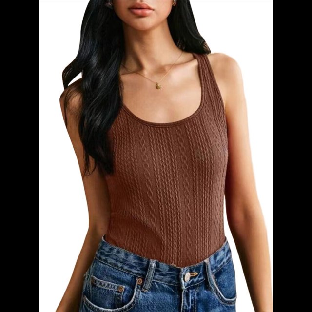 Camisetas Sin Mangas para Mujer, de Punto, con Cuello en U, Básicas e Informales de Verano. Marrón Oscuro L