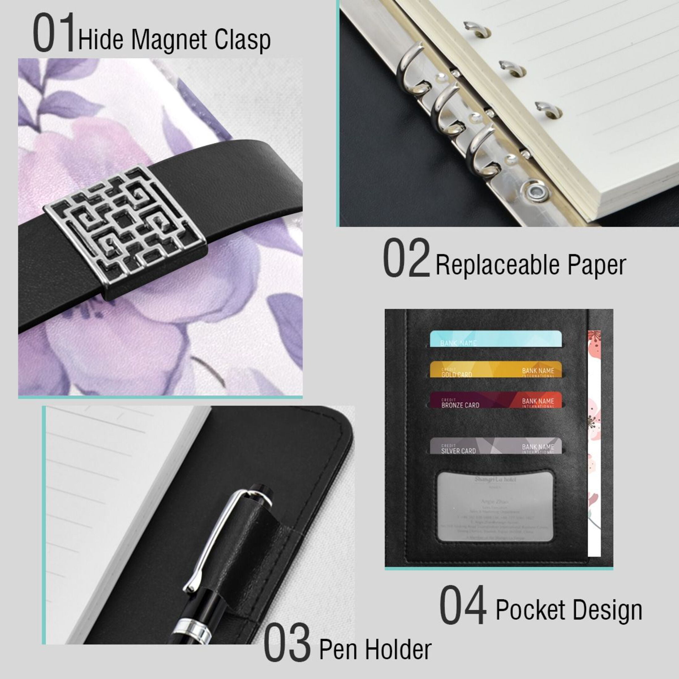 Leather Planner Leather Notebook Notebook Journal Binder Design Pen Pocket Design Convenient for Storage Vibrant Lavender Flowers
