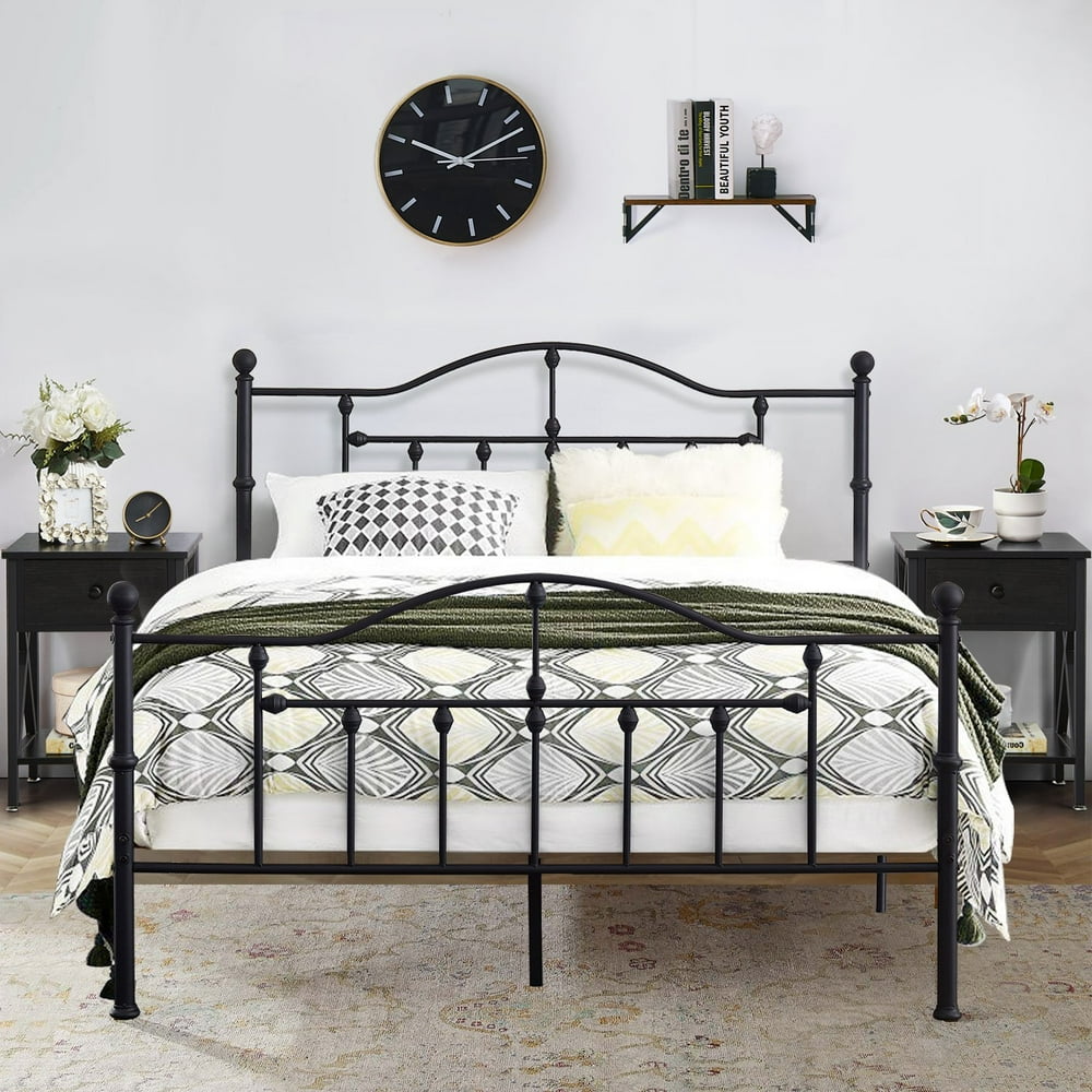 3 Piece Queen Size Bedroom Sets Black Metal Bed Frame and 2 Black