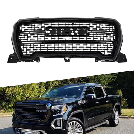 ONEPI Front Grill Gloss Black Compatible with GMC Sierra 1500 2019 2020 2021 Models, No Emblem