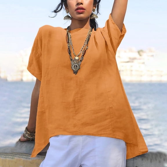 ZyeKqe Womens Summer Tops Plus Size Cotton Linen Shirts Round Neck Going out Tops Casual Loose Blouses Size S-5XL
