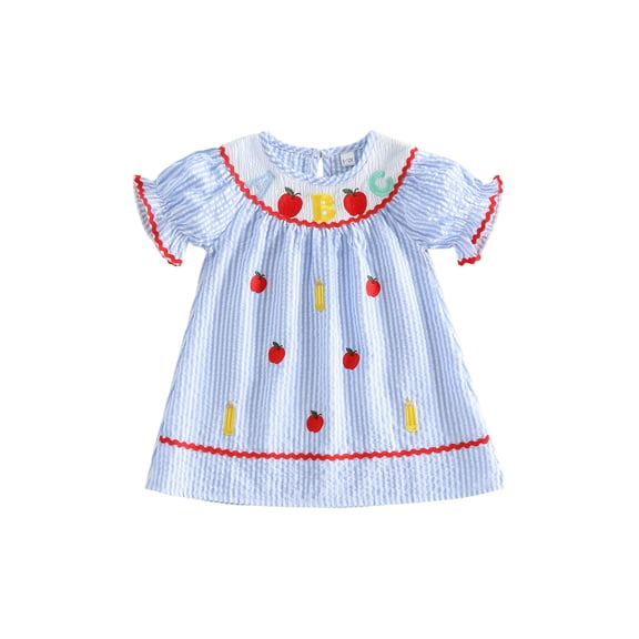 Yuemengxuan Toddler Girl Back to School Dress Letter Apple Short Sleeve Round Neck Striped Dress