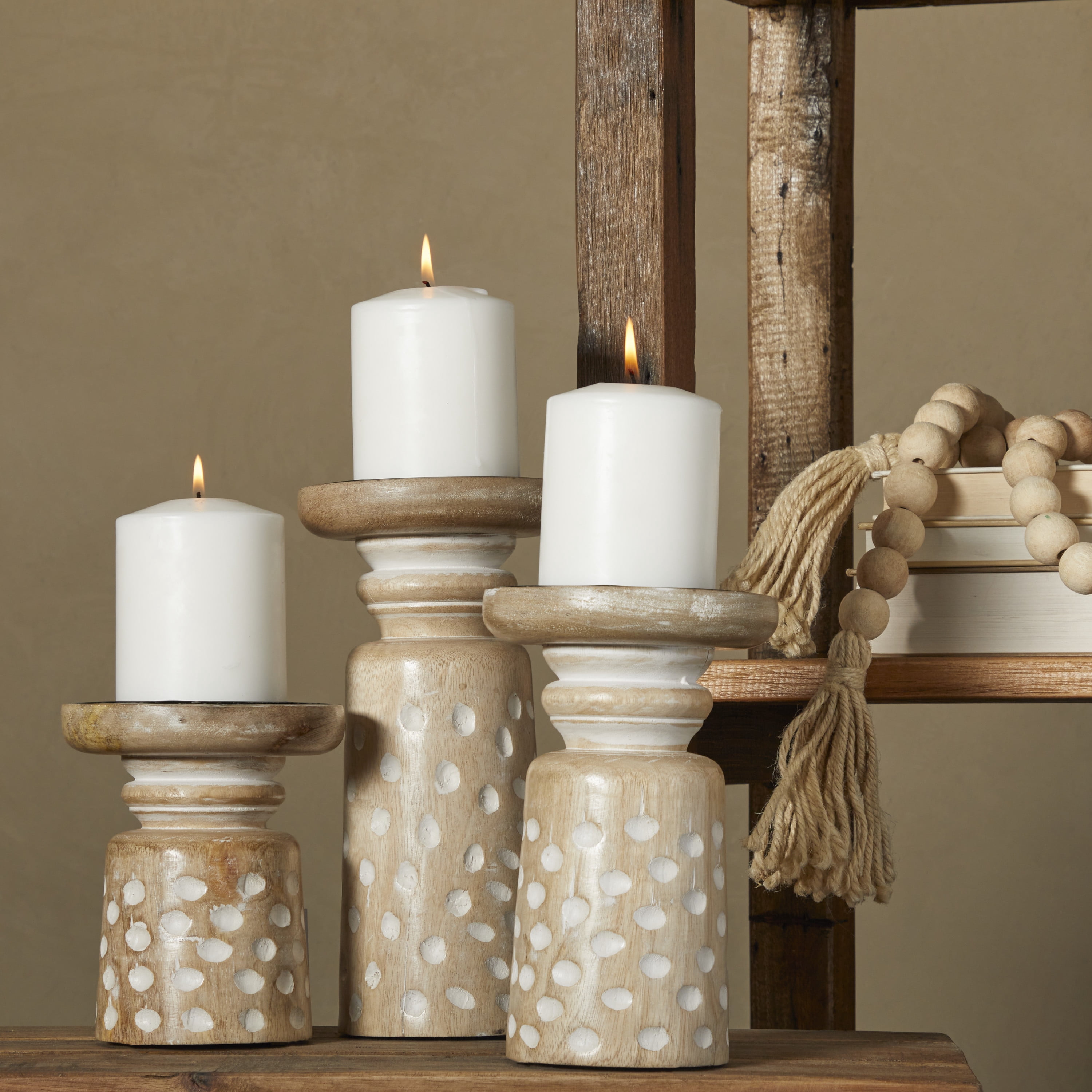 DecMode 3 Candle Light Brown Mango Wood Round Carved Dotted Pillar Candle Holder, Set of 3
