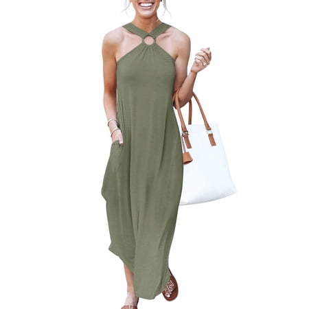 ANRABESS Women Summer Halter Neck Sundress Sleeveless Split Side Casual Beach Travel Vacation Maxi Long Dress with Pockets Olive Medium