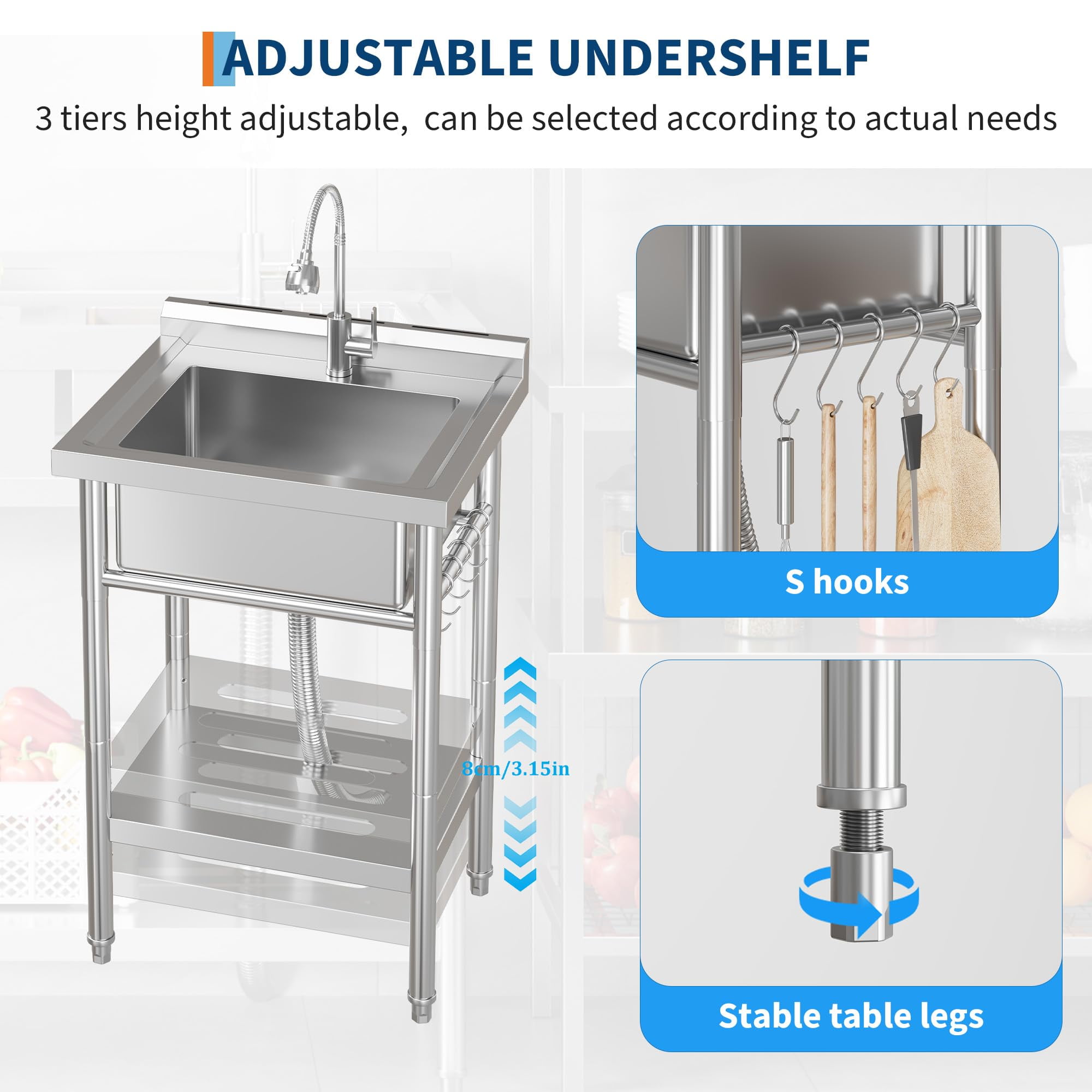 Accreate Freestanding Stainless Steel Utility basin with Faucet – 304 Single Bowl, Adjustable Legs, Storage Shelf, S-Hooks, Hot & Cold Water Pipes – Commercial Prep Kitchen/Laundry/Garage basin
