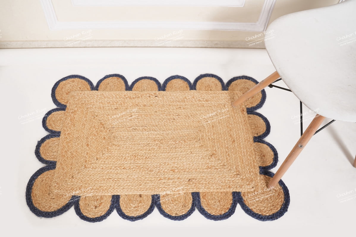 Rectangle Rug Natural Jute Rug Hand Braided Beige and Light Nevy Blue Color Area Rug