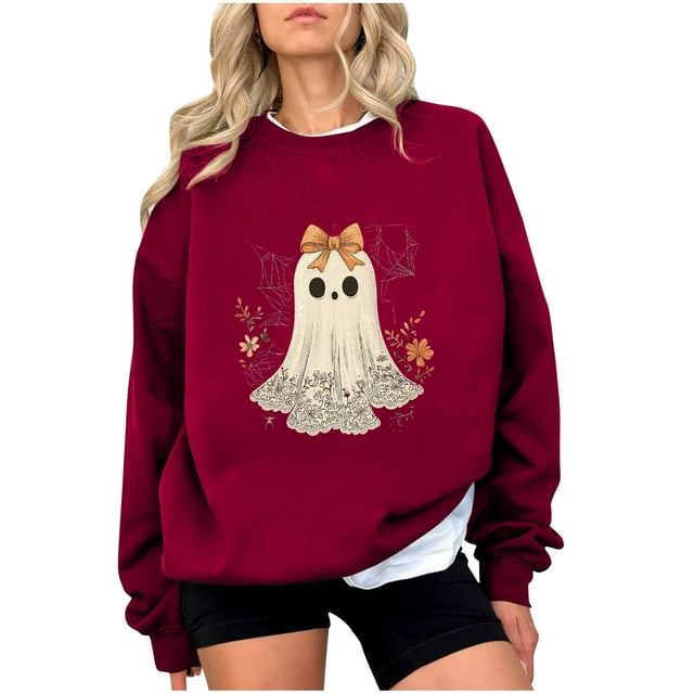 Chandail en Molleton Imprimé Fantôme pour Femmes Chandail Léger et Chaud Blouses Col Rond Manches Longues Ultra Doux Texturé Tenues de Printemps 2025 Chandail Automne Hiver Vêtements