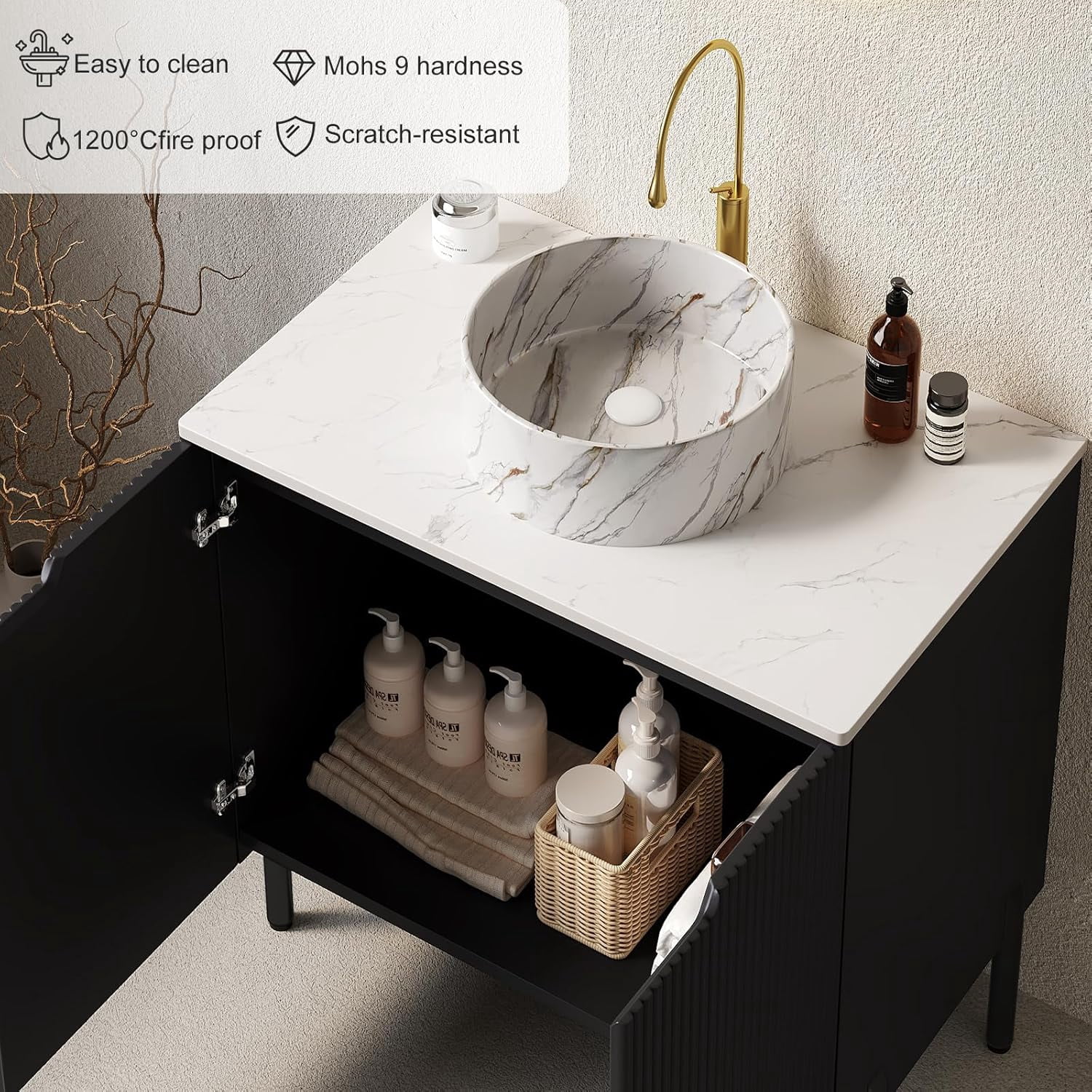 30" Bathroom Vanity with Sink, Modern Bathroom Vanities with Durable Marble Ceramic Basin and Sintered Stone Countertop, Soft Closing Doors, Freestanding Bathroom Cabinet, Black