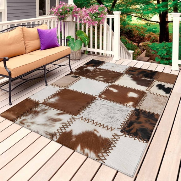 Brown Beige Outdoor Rug for Patio/Deck/Porch, Non-Slip Large Area Rug 4 x 6 Ft, Vintage Art Plaid Farmhouse Checkered Indoor Outdoor Rugs Washable Area Rugs, Reversible Camping Rug Carpet Runner