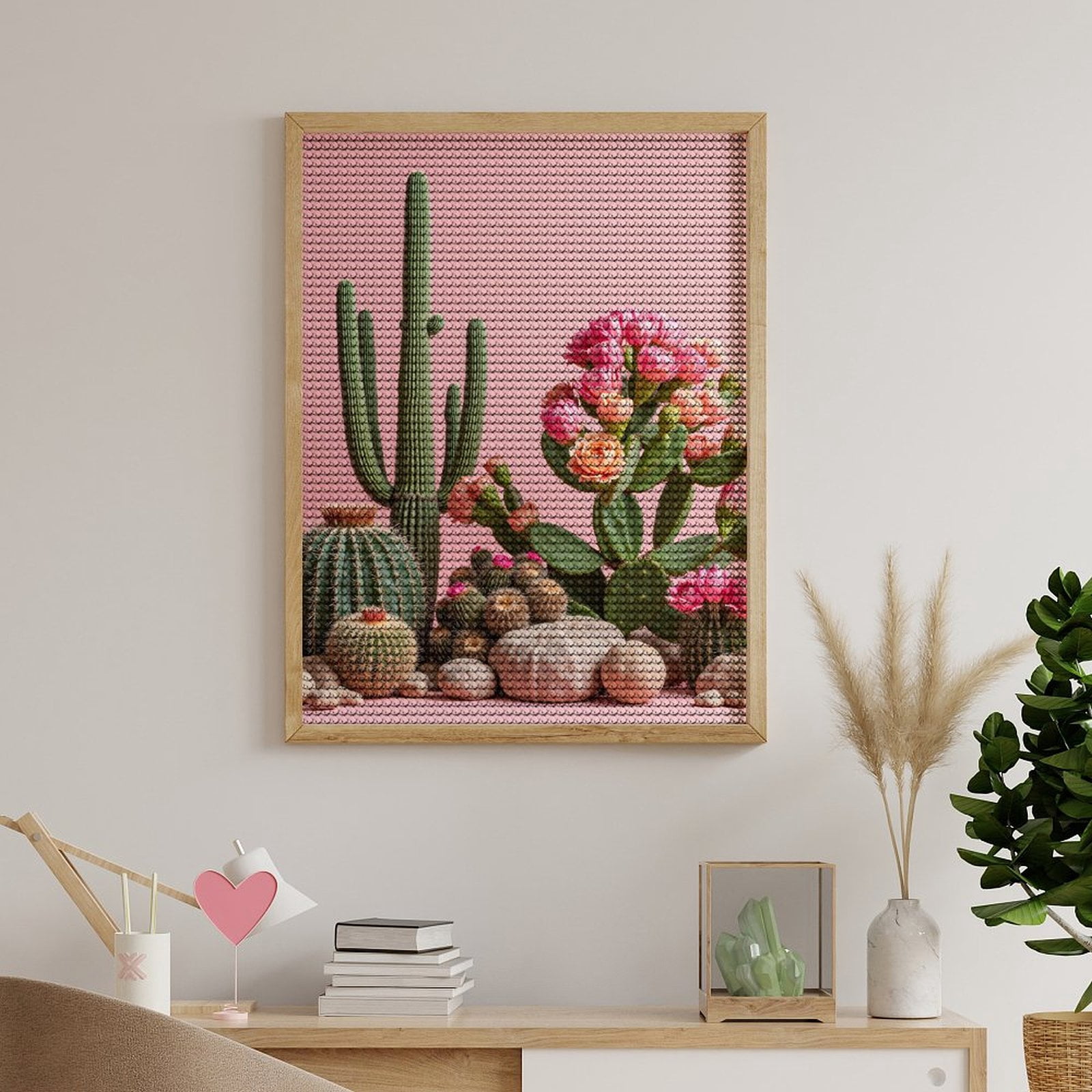 Diamond Art Kit for Adults, Pink Cactus Blossoms Desert Rocks Diamond Painting for Adults Beginners, 5D DIY Diamond Art Painting Kits, Colorful Diamond Painting Craft for Home Decor 12x16