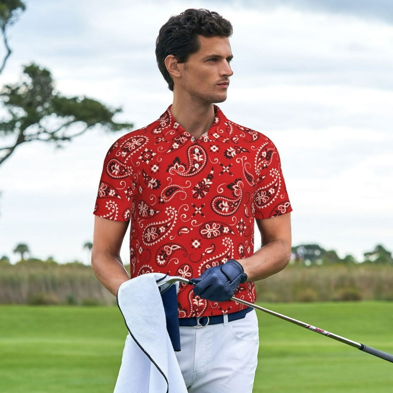 Zeuib Red Paisley Floral Print Men's Athletic Fit Golf Polo Shirt