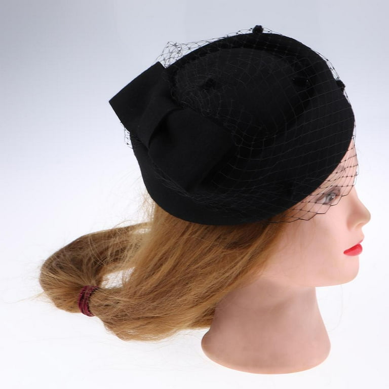 NWT Vintage Black Felt Pillbox Hat with Bow black velour felt teardrop pillbox cocktail hat - occasion  main image 2