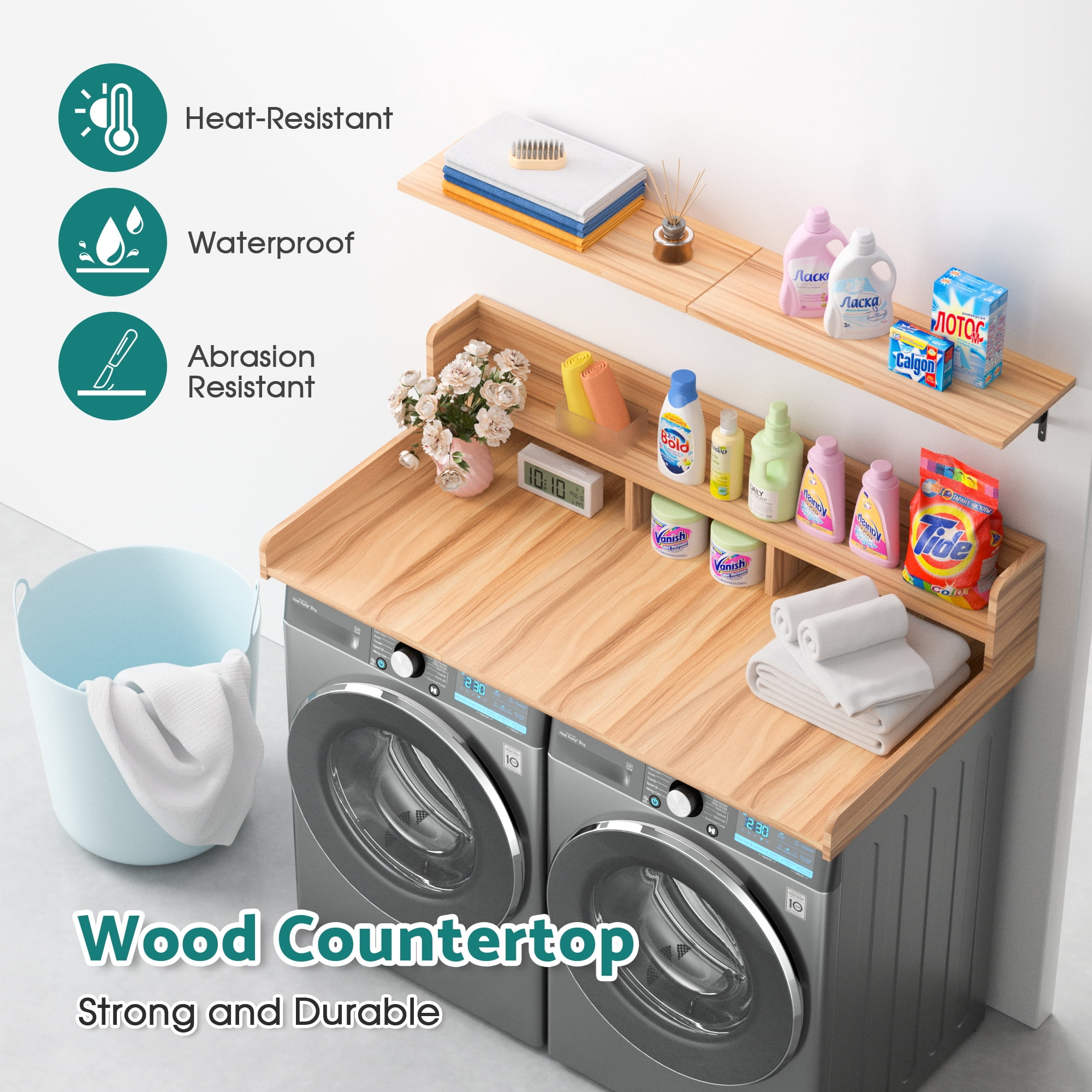 2-Tier Washer and Dryer Countertop with Storage Shelves & Non-Slip Pads, Laundry Room Organizer Countertop Set, Oak