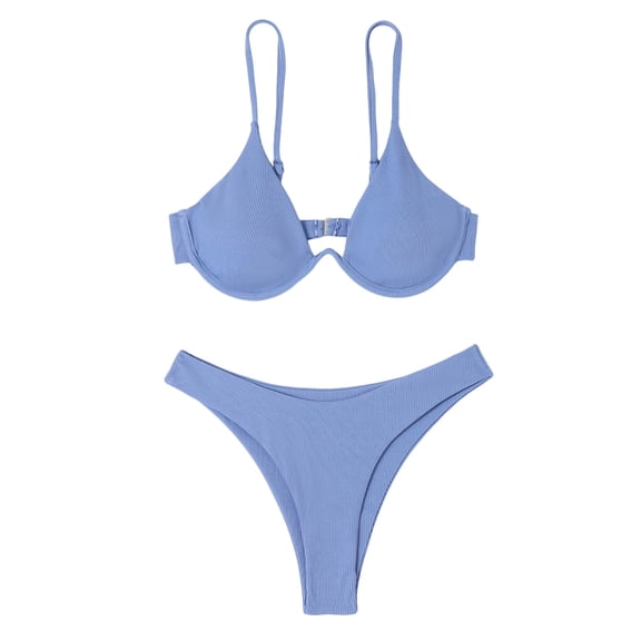 Sngxgn High Waisted Cutout Ribbed V Cut Bikini Set 2 Piece Swimsuit(Blue,S)