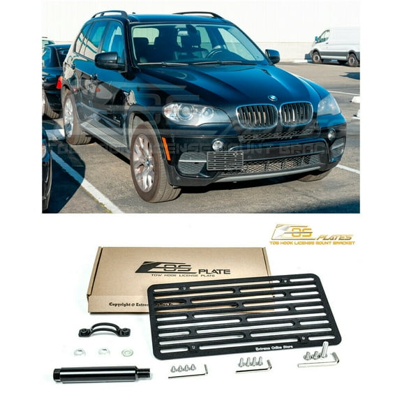 Extreme Online Store Replacement for 2007-2013 BMW E70 X5 | Full Sized Version 2 Front Bumper Tow Hook License Plate Relocator Mount Bracket EOS Plate Tow-015-V2