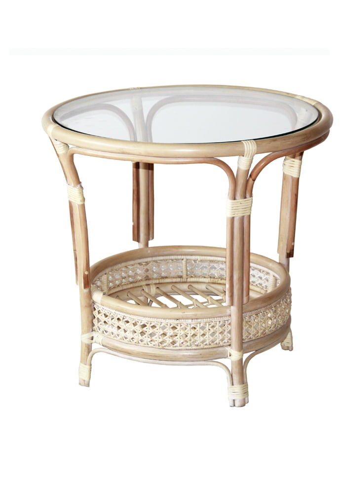 Pelangi Coffee Round Table Natural, Round Wicker Side Table With Glass Top