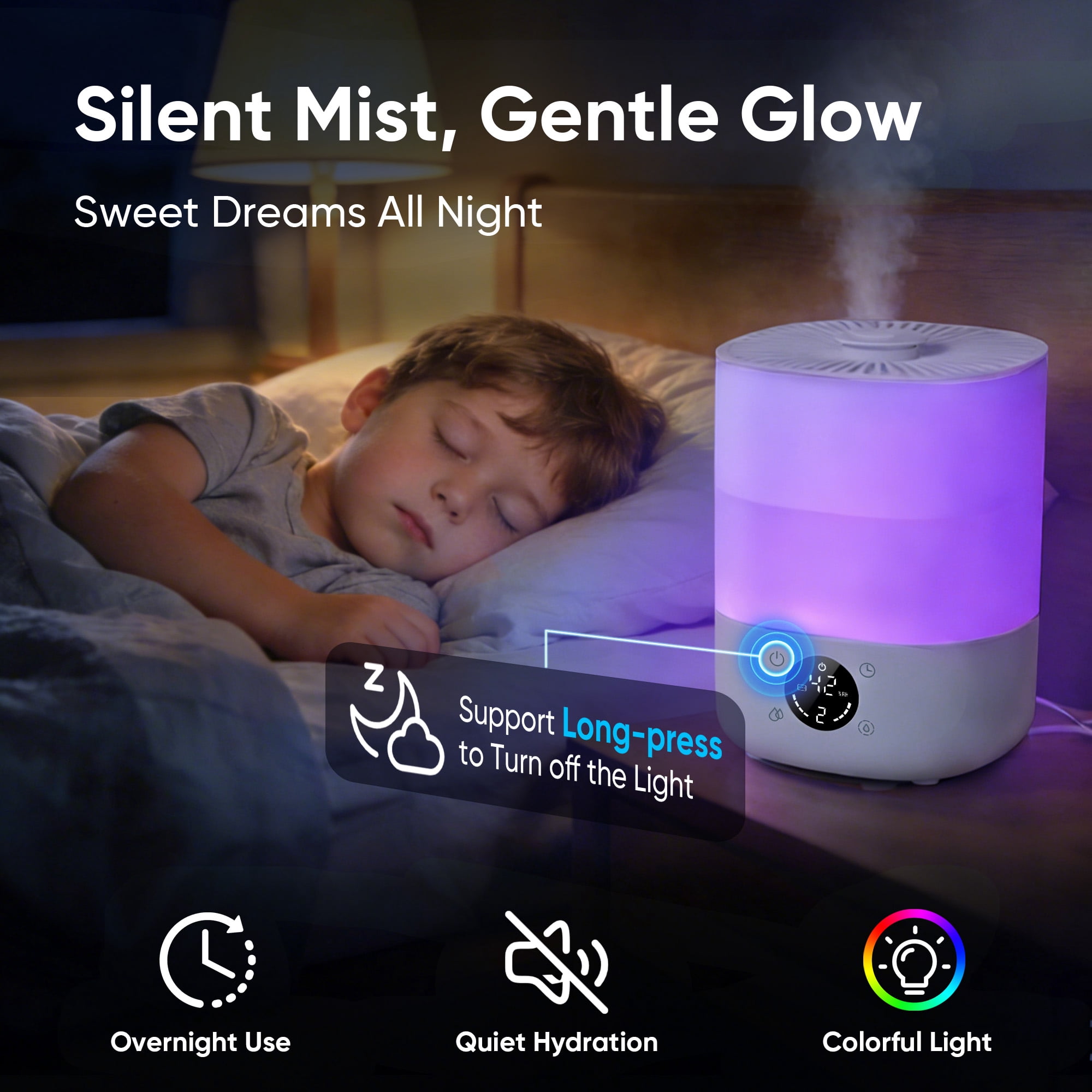 AIRFIRE 4L Cool Mist Humidifier with Auto Humidity Control and Timer for Large Room, Essential Oil Diffuser Air Humidifiers for Bedroom, Overnight Use, Quiet Run, Night Light, White