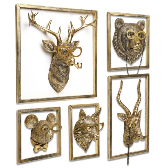 Decoración de pared con cabezas de animales Newinhome de resina con marco de metal (5 unidades)