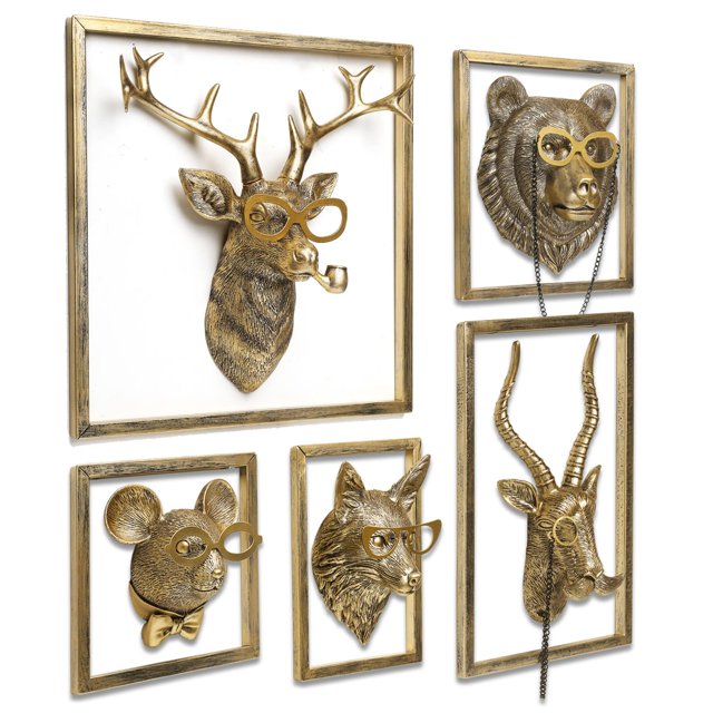 Decoración de pared con cabezas de animales Newinhome de resina con marco de metal (5 unidades)