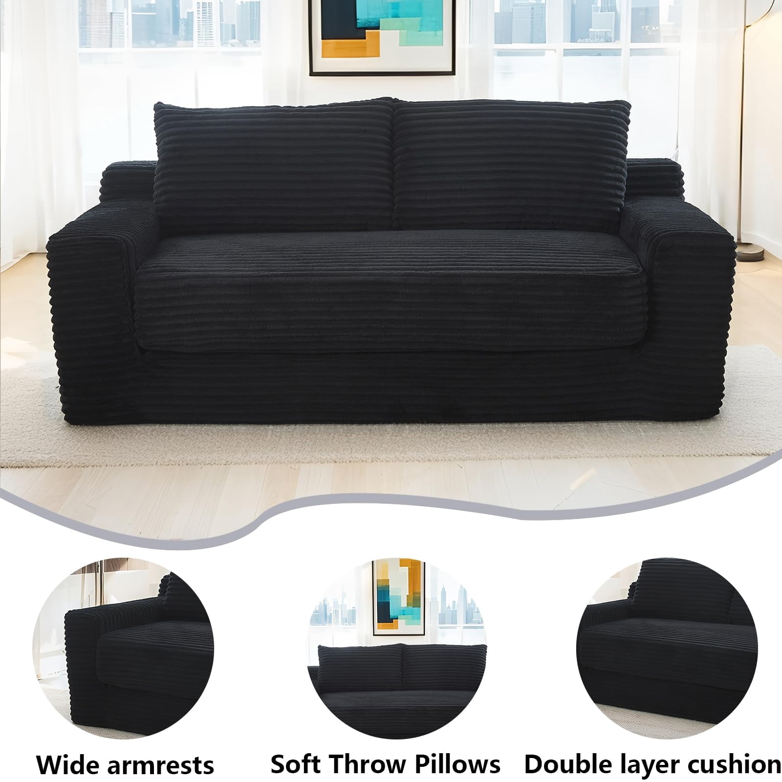 Loveseat Sofa Bed Boneless Couch, Convertible 2-in-1 Design, Corduroy Fabric - Compact Memory Foam Couch for Small Spaces, Apartments, Home Office & Bedroom (Black)