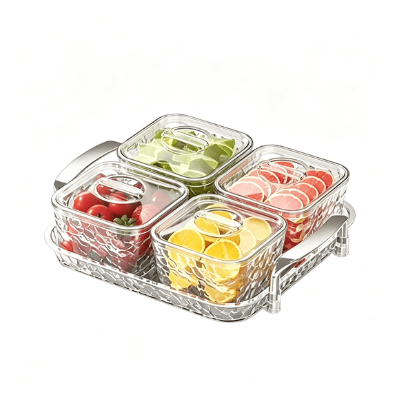 HEYMKGO Portable 4-Compartment Fruit Storage Box,Condiment Dishes Serving Bowls Buffet Server Food Display Relish Tray for Appetizers/Candy/Nuts/Cookies/Party Food/Chips and Dip