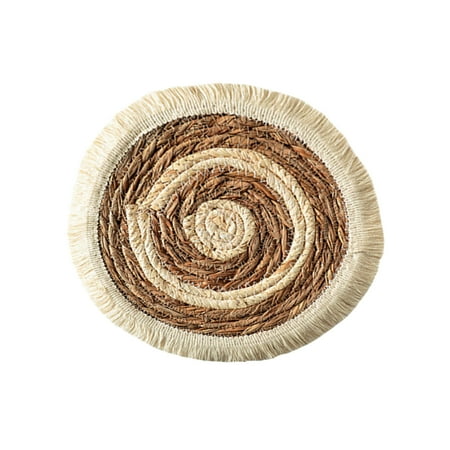 Leodye 1PCS Tassel Straw Placemat Round Woven Non-slip Design Dining Table Heat Insulating Anti-scald Mat Accessory -9.84in