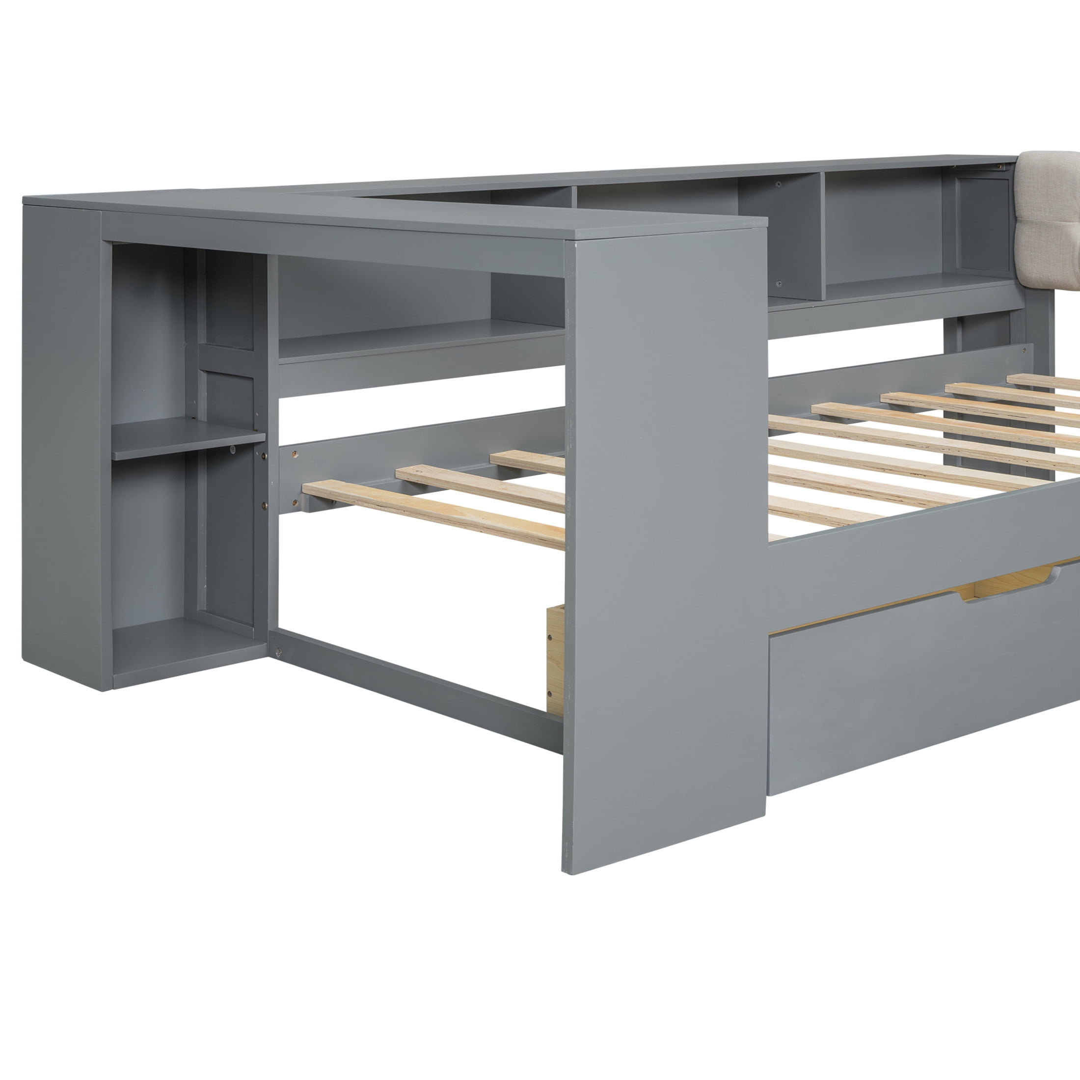 Noble House Udolf Twin Platform Bed with Upholstered Headboard, Storage Shelves and Drawers, Charging Station, Gray
