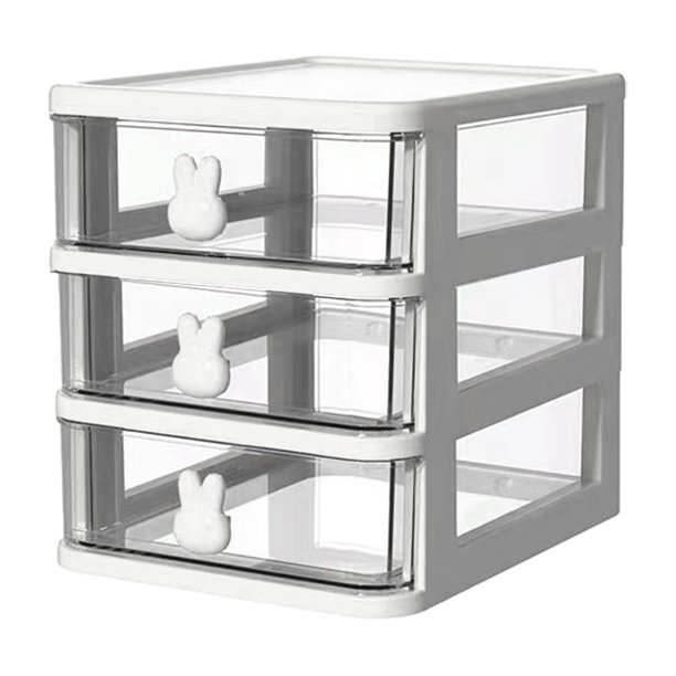 Caja de almacenamiento de plástico con cajón, organizador de escritorio, transparente, multicapa, con asas de conejo, suministros de oficina