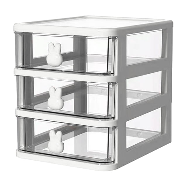 Caja de almacenamiento de plástico con cajón, organizador de escritorio, transparente, multicapa, con asas de conejo, suministros de oficina