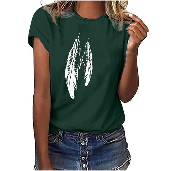 up to 60% off Gifts Usmixi Shirts for Women Fashion Funny Graphics Basic Fit Plus Size Tee Tops Summer Trendy Feather Print Short Sleeve Crewneck Ladies Blouses Army Green XL