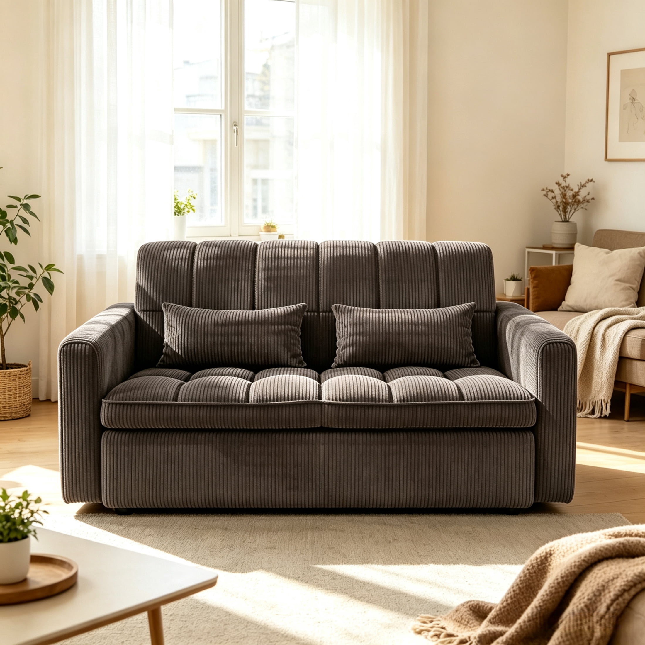 Anpport 55" Striped Corduroy Loveseat, Convertible Sleeper Sofa Bed for Small Spaces, Dark Gray