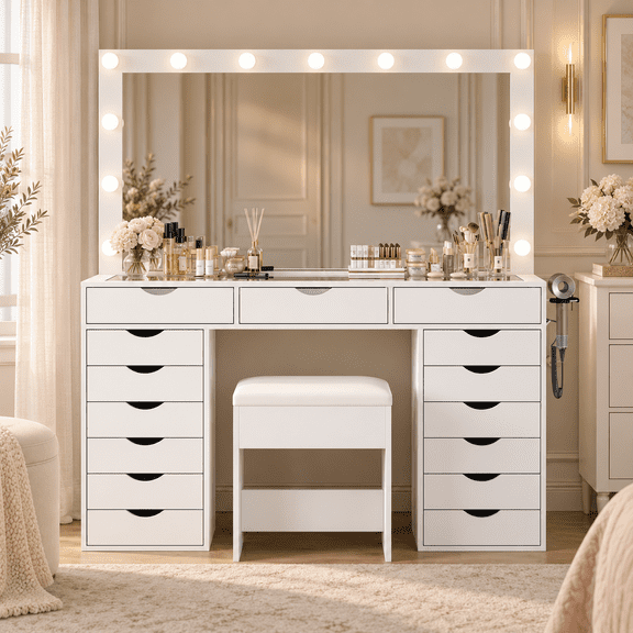 15 Drawers Vanity Desk with Power Outlet, Makeup Table with Mirror and 13 LED Lights, 3 Color Lighting Modes, Glass Top Dressing Table