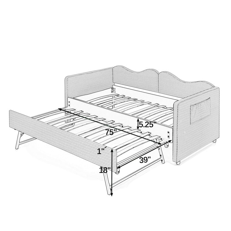 Twin to King Size Daybed with Trundle, Gingham Upholstered Day Bed Frame with Side Storage Pocket and Wave Backrest, Sofa Bed Frame for Bedroom, No Box Spring Needed