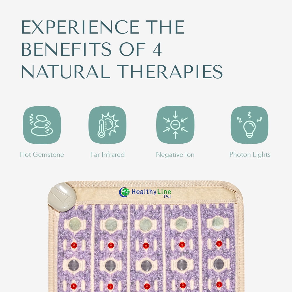 HealthyLine TAJ 2020 Far Infrared Heating Pad with Real Gemstones, PEMF Mat with Amethyst, Jade, Tourmaline, Adjustable Temperature Control for Natural Pain Relief 20” x 20”