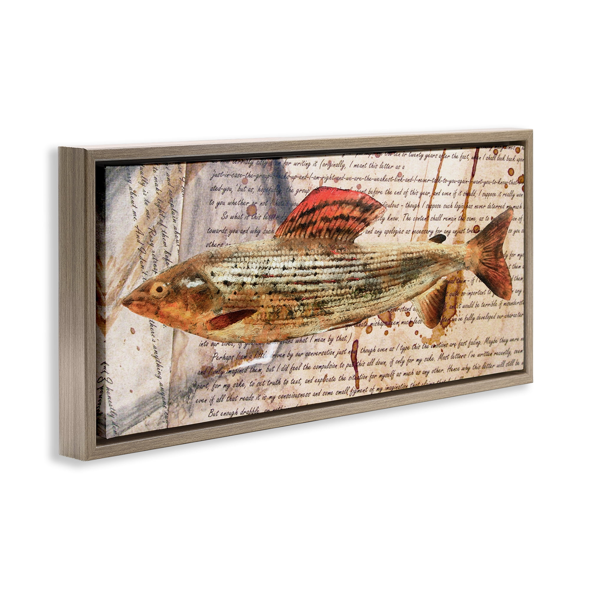 Stupell Industries Fish with Vintage Text Animals & Insects Painting Brown Floater Framed Canvas Art Print Wall Art, 25 x 11