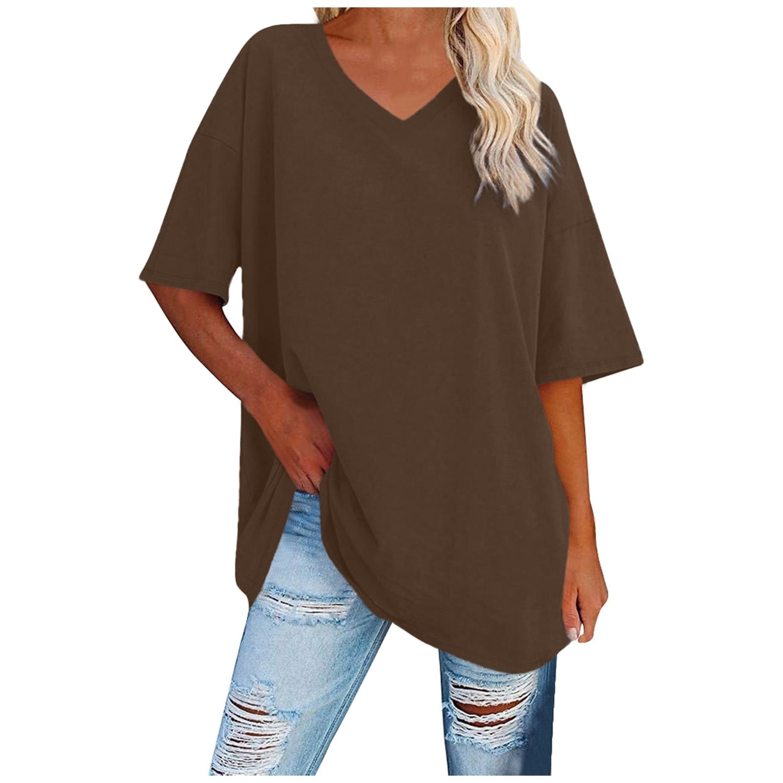 WEIYLL T Shirts for Women Ladies Basic Solid Color V Neck Short Sleeve Brown Tee Sizes XL
