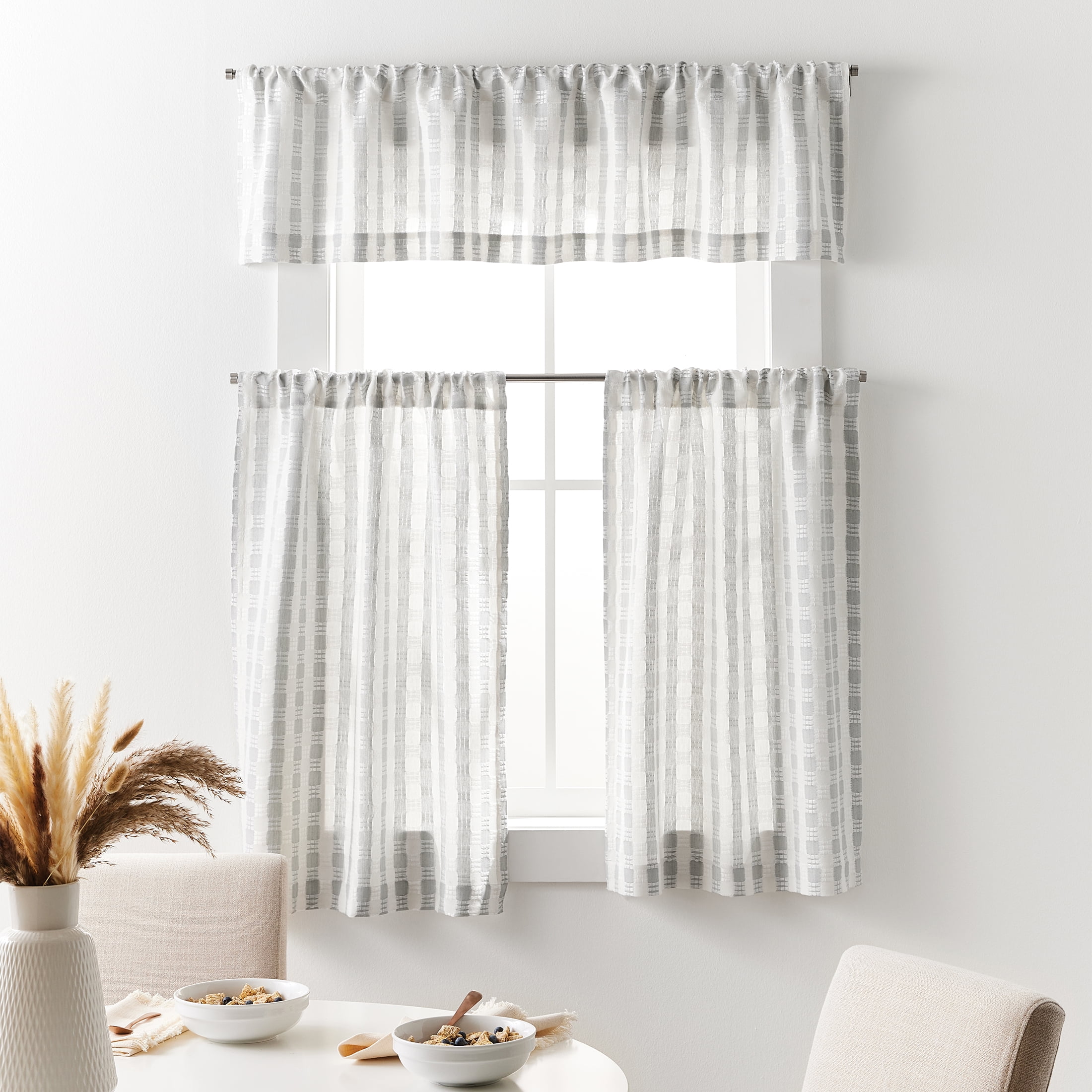 (2 pack) Better Homes & Gardens Tula Waffle Kitchen Curtain Tiers and Valance, 3-Piece Set, Gray, 60" W x 36" L