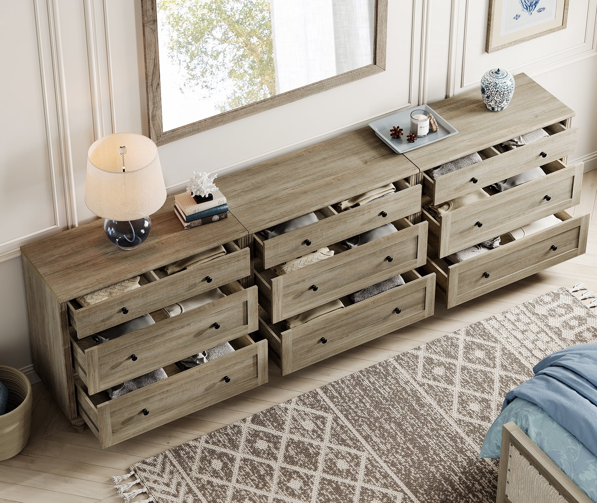 Mid-Century Modern Wooden Dresser with 9 Wide Drawers, Compact Storage Organizer for Bedroom, Nursery, Hallway, and Living Room, Gray Wash