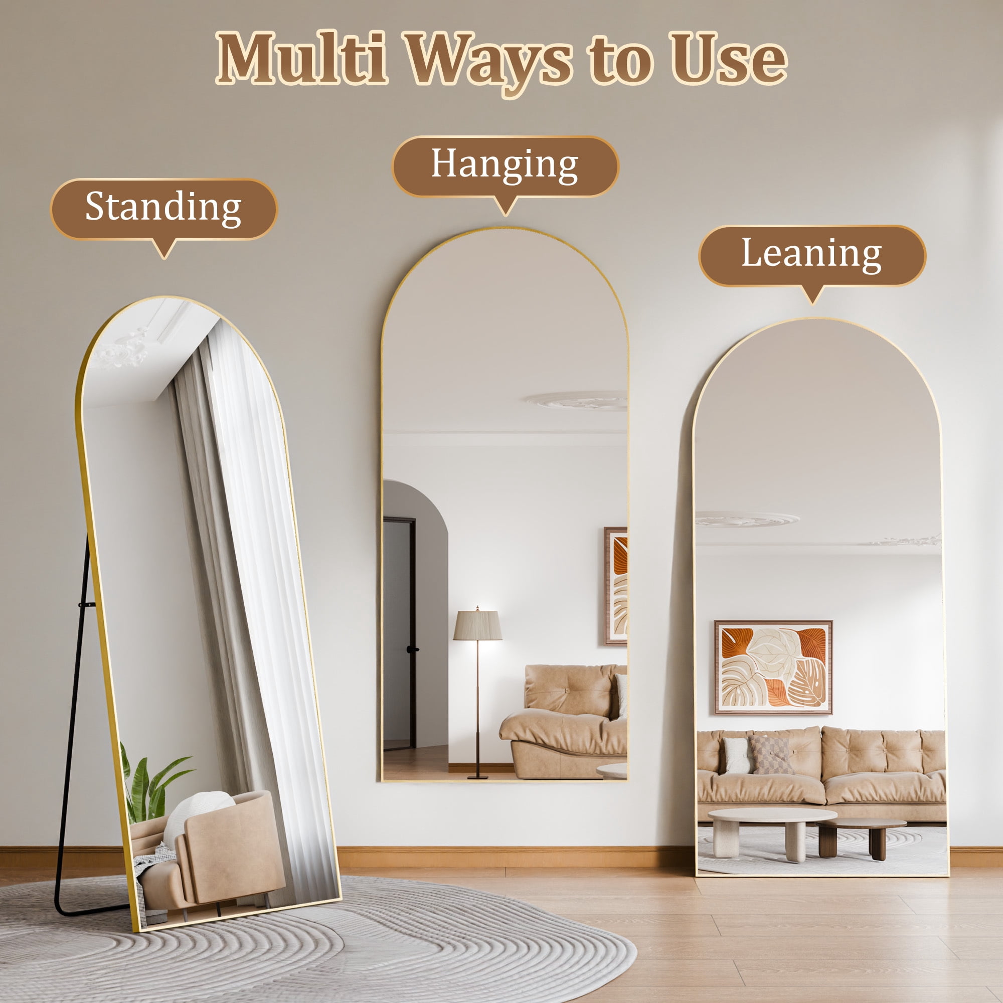 Easy4Home 77"x 38" Arch-Top Oversized Full Length Mirror Metal Frame Freestading Floor Mirror, Gold