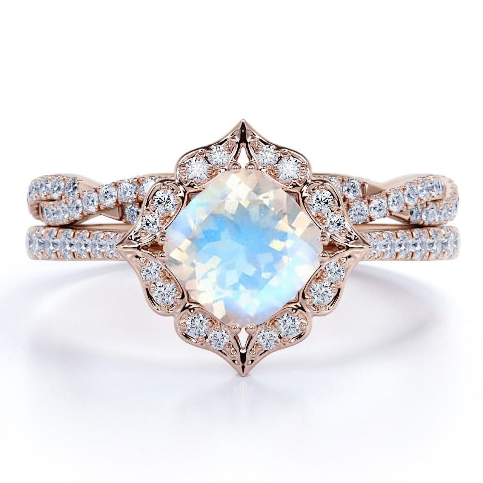 JeenMata 1.5 carat Cushion Cut Rainbow Moonstone and Moissanite Halo Infinity Bridal Set in 18k Rose Gold over Silver