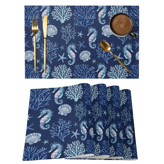 Seahorse Coral Starfish Placemats Set of 12, Coastal Boho Nautical Navy Blue Marine Life Non-Slip Place Mats Washable Table Mats for Kitchen Dining Table Decorations Indoor/Outdoor