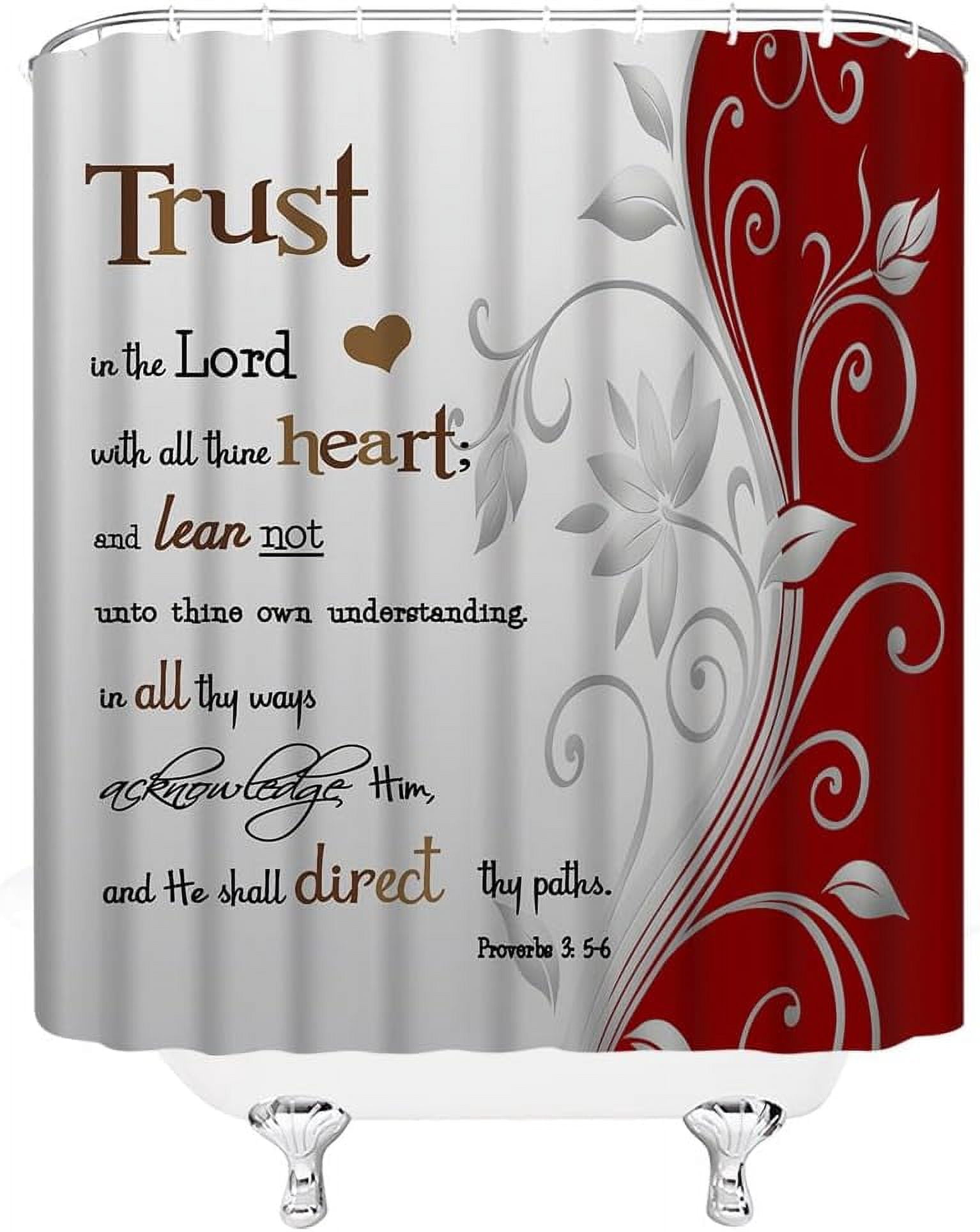 Inspirational Quote Trust in The Lord Shower Curtain Red Gray Abstract Floral Modern Geometric Fashion Creative Bathroom Decor Fabric Curtain with Hooks
