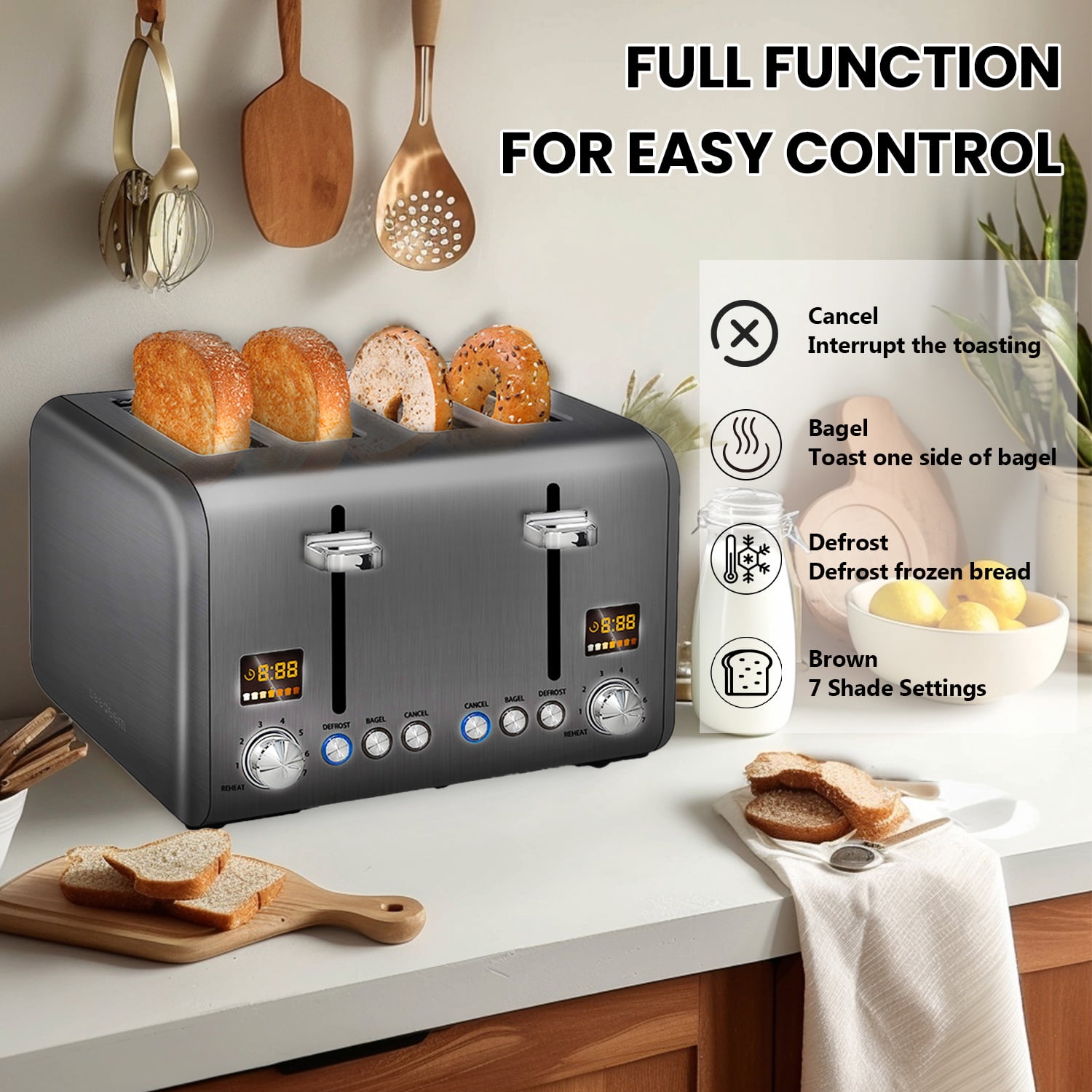 SEEDEEM 4 Slice Stainless Toaster with LCD Display, 7 Shade Settings, Wide Slots, Bagel/Defrost/Reheat Functions, Removable Crumb Tray, 1800W