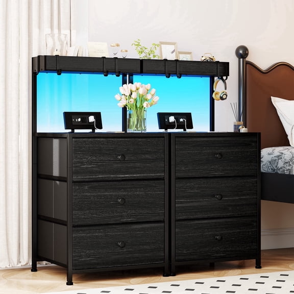 melmine Set of 2 Tall Nightstands with Charging Station & LED Lights, 3-Drawer Bedside Table with Outlets & 4 Hooks, for Bedroom, Entryway, Hallway, Black