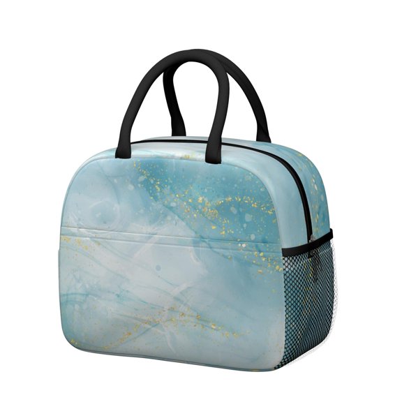 Insulated Lunch Bag for Women, Floral Print Oxford Fabric Lunch Box, Leakproof Thermal Cooler Tote for Work, School & Picnic, Turquoise Marble Pattern