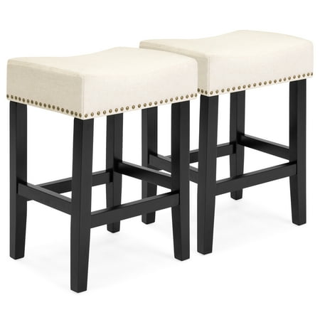 Breakfast Bar Stools Wooden Best Choice Products 26in Faux Leather Upholstered Counter Stools with Wooden Base and Silver Nailhead Trim, Set of 2, Beige ()