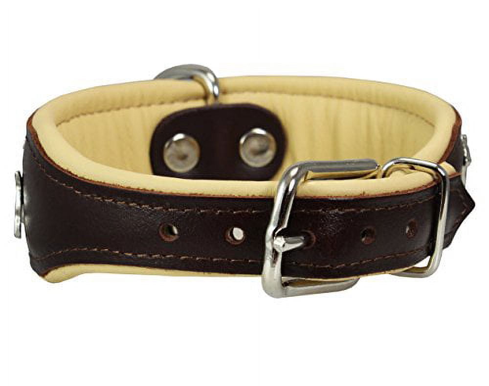 Real Leather Soft Leather Padded Dog Collar Bull Terrier 1.75" Wide. (13"-15.25" Neck, Brown/Beige)