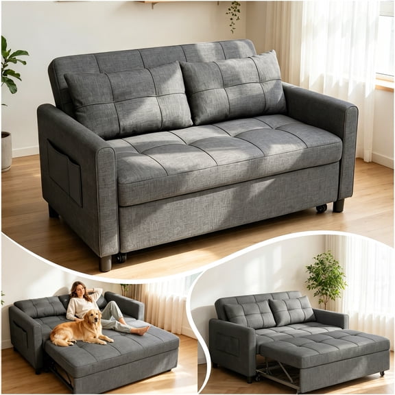 Sofa Bed on Sale, Lofka Loveseat Sleeper Sofa 3-in-1 Convertible Sofa Bed, Linen Fabric Small Futon Sofa Bed with 2 Pillows for Apartment, Dark Grey