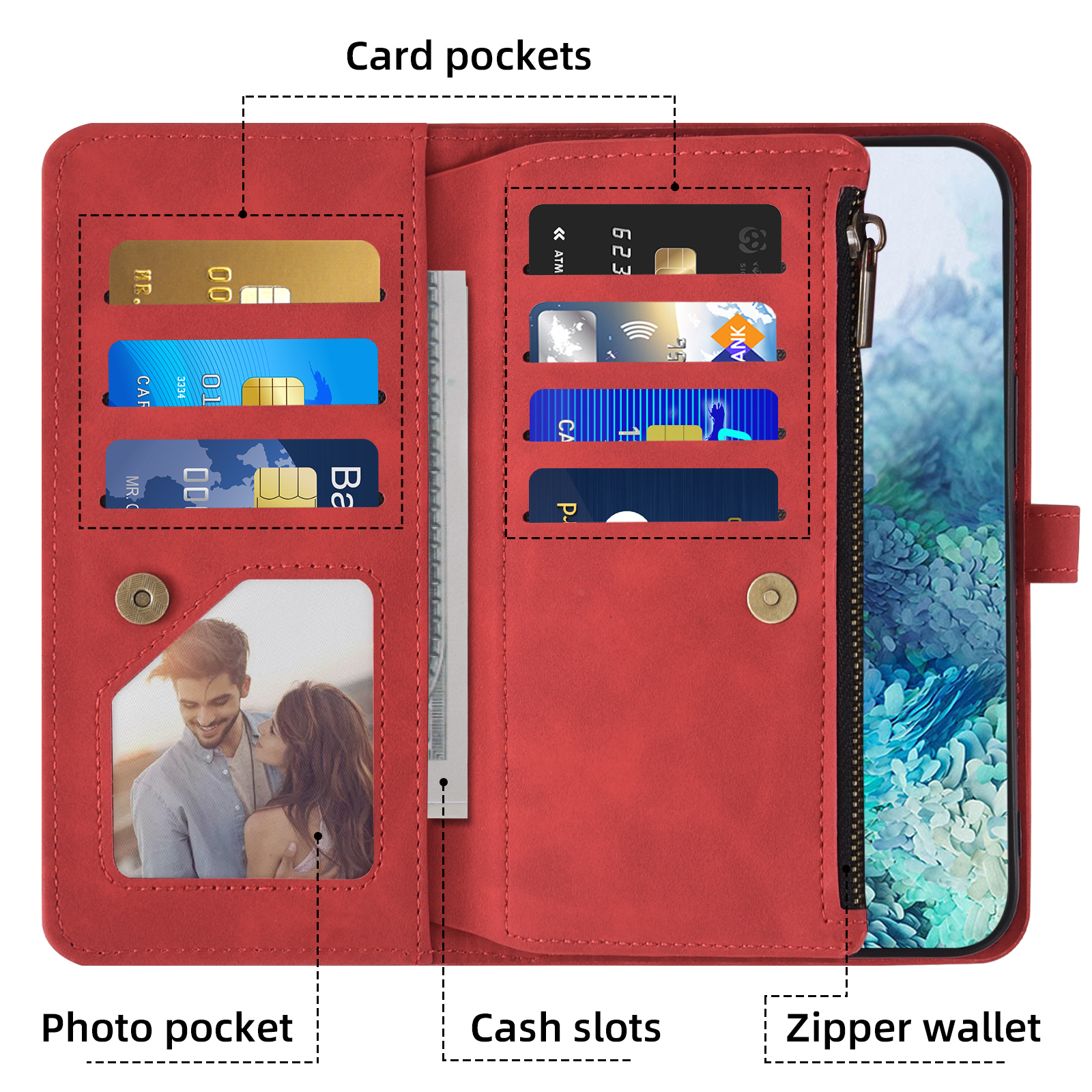 Asuwish Phone Case for Samsung Galaxy S20 5G 6.2 inch Wallet Cover With Tempered Glass Screen Protector Crossbody Wrist Strap Flip Pattern Zipper Credit Card Holder Cell S 20 20S UW S2O G5 Women Red