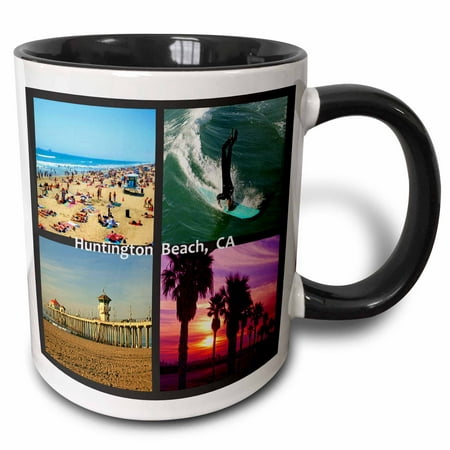 3dRose Huntington Beach Collage - Two Tone Black Mug,